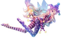 Rule 34 | 1girl, american flag dress, american flag legwear, ass, blonde hair, breasts, closed mouth, clownpiece, dress, fairy wings, fire, full body, hat, jester cap, light smile, long hair, looking at viewer, medium breasts, miyuki ruria, nail polish, neck ruff, no shoes, pantyhose, pink eyes, polka dot, short dress, sleeveless, sleeveless dress, solo, star (symbol), star print, striped, torch, touhou, transparent background, very long hair, wavy hair, wings