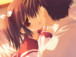 Rule 34 | 00s, 1boy, 1girl, bow, brown eyes, brown hair, french kiss, game cg, hair bow, hand on another&#039;s cheek, hand on another&#039;s face, hetero, kiss, mitsumi misato, saliva, school uniform, serafuku, short hair, to heart (series), to heart 2, to heart 2 xrated, twintails, yuzuhara konomi