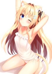 Rule 34 | 1girl, :&lt;, animal ear fluff, animal ears, armpits, arms up, barefoot, black ribbon, blonde hair, blue eyes, blush, breasts, camisole, cat ears, cat girl, cat tail, closed mouth, collarbone, commentary, frilled camisole, frills, hair between eyes, hair intakes, hair ornament, hair ribbon, hairclip, highres, hiragana iroiro, knees out of frame, long hair, looking at viewer, one eye closed, original, panties, ribbon, side-tie panties, simple background, sitting, small breasts, solo, tail, thighs, two side up, underwear, very long hair, wariza, white background, white camisole, white panties