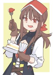 Rule 34 | 1girl, brown gloves, brown hair, cake, cleavage cutout, clothing cutout, commentary request, falcon (girls&#039; frontline), food, food on face, fork, fruit, girls&#039; frontline, gloves, highres, holding, holding fork, holding plate, long hair, looking at viewer, mojamozanari, open mouth, plate, red eyes, sidelocks, simple background, smile, solo, strawberry, twintails, upper body, yellow background