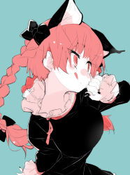 Rule 34 | animal ears, black bow, black dress, black nails, blue background, bow, braid, cat ears, clenched hand, dress, extra ears, green background, highres, kaenbyou rin, licking lips, looking to the side, nail polish, pointy ears, puffy sleeves, red eyes, red hair, salamander (hop-step), simple background, sketch, slit pupils, solo, tongue, tongue out, touhou, tsurime, twin braids