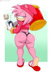 Rule 34 | 1girl, absurdres, amy rose, animal ears, artist name, ass, beanie, black panties, blush, breasts, from behind, furry, furry female, gloves, green eyes, hammer, hat, heart, hedgehog, hedgehog ears, highres, holding, holding hammer, holding phone, holding weapon, jacket, jinu (jinusenpai), large breasts, looking at viewer, looking back, no pants, panties, phone, pink hair, pink jacket, rouge the bat, sandals, solo, sonic (series), tail, thick thighs, thighs, thong, underwear, weapon, white gloves
