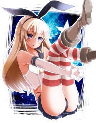 Rule 34 | 10s, 1girl, :o, alternate eye color, ass, black panties, blonde hair, blush, boots, crop top, crop top overhang, elbow gloves, gloves, grey footwear, hairband, highleg, kantai collection, legs up, long hair, looking at viewer, midriff, panties, personification, purple eyes, shimakaze (kancolle), sis (kathar-sis), skindentation, skirt, solo, star (symbol), striped clothes, striped thighhighs, thighhighs, underwear