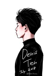 Rule 34 | 1boy, 2018, black hair, black shirt, character name, closed mouth, dated, denis ten, highres, kubo mitsurou, looking afar, male focus, real life, shirt, simple background, solo, turtleneck, twitter username, upper body, white background