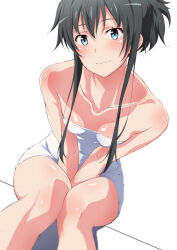Rule 34 | 1girl, absurdres, bare arms, bare shoulders, between legs, black hair, blue eyes, blush, breasts, breasts apart, closed mouth, collarbone, hand between legs, highres, invisible chair, knees, knees together feet apart, looking at viewer, naked towel, short hair with long locks, shou937, simple background, sitting, small breasts, solo, thighs, towel, white background, yahari ore no seishun lovecome wa machigatteiru., yukinoshita yukino