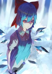 Rule 34 | 38 (sanjuuhachi), black footwear, blue dress, blue hair, blurry, bow, bright pupils, cirno, collared shirt, dress, fairy, from above, full body, hair between eyes, hair bow, highres, ice, ice wings, looking to the side, open mouth, orange eyes, red bow, red neckwear, shaded face, shirt, short hair, solo, standing, touhou, v-shaped eyebrows, white legwear, white shirt, wings