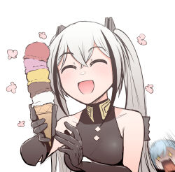 Rule 34 | + +, 2girls, black gloves, blush, breasts, closed eyes, collarbone, destroyer (girls&#039; frontline), elbow gloves, food, girls&#039; frontline, gloves, grey hair, hands up, highres, holding, holding food, ice cream, medium breasts, motion lines, multicolored hair, multiple girls, open mouth, senpaihawkkun, shirt, simple background, sleeveless, sleeveless shirt, smile, solo focus, spas-12 (girls&#039; frontline), streaked hair, twintails, upper body, white background, white hair