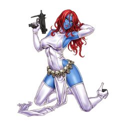 Rule 34 | 10s, 1girl, :d, adjusting hair, animification, arm behind head, armpits, bare shoulders, belt, blue skin, boots, breasts, colored sclera, colored skin, covered navel, dress, elbow gloves, female focus, full body, gloves, gun, hair ornament, head tilt, high heel boots, high heels, highleg, holding, kneeling, large breasts, lips, lipstick, long hair, looking at viewer, machine pistol, makeup, marvel, mature female, mystique, naughty face, no bra, no panties, open mouth, parted lips, pelvic curtain, raven darkholme, red hair, shirt, shoes, side slit, sideboob, simple background, skin tight, skull, smile, solo, spread legs, submachine gun, taut clothes, taut shirt, thigh boots, thighhighs, thighs, trigger discipline, turtleneck, uzi, weapon, white background, white eyes, white footwear, white gloves, white heels, white thighhighs, x-men, yamashita shun&#039;ya, yellow sclera