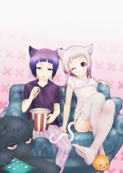 Rule 34 | 1boy, 1girl, animal ears, animal slippers, bad id, bad pixiv id, blue upholstery, cat, cat ears, cat tail, controller, couch, feet, garter straps, highres, hood, hoodie, one eye closed, original, pajamas, panties, pink hair, purple hair, red eyes, remote control, shirt, shoes, short hair, single shoe, slippers, t-shirt, tail, thighhighs, toes, underwear, weyowang, wink