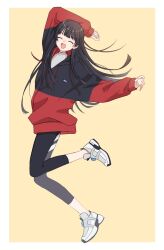 Rule 34 | 1girl, arm over head, black hair, black leggings, border, closed eyes, facing viewer, floating hair, full body, highres, hood, hood down, hooded jacket, jacket, jumping, leggings, long hair, long sleeves, multicolored clothes, multicolored jacket, nijisanji, nomiyu, open mouth, shirt, shoes, simple background, smile, sneakers, solo, tsukino mito, tsukino mito (19th costume), turtleneck, turtleneck shirt, two-tone jacket, virtual youtuber, white border, white footwear, white shirt, yellow background