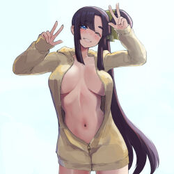 Rule 34 | 1girl, black hair, blue eyes, blush, breasts, commentary request, double v, fate/grand order, fate (series), hair ornament, highres, hood, hoodie, jacket, long hair, looking at viewer, medium breasts, naked hoodie, naked jacket, navel, one eye closed, open mouth, parted bangs, rainen ganbarimashita, revealing clothes, side ponytail, simple background, smile, solo, ushiwakamaru (fate), v, white background