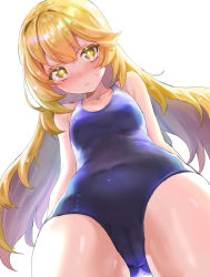 Rule 34 | 1girl, absurdres, aged down, alternate breast size, bishooji, blonde hair, blush, breasts, cameltoe, child, cleft of venus, closed mouth, cowboy shot, from below, highres, long hair, looking at viewer, looking down, school swimsuit, shokuhou misaki, sidelocks, simple background, small breasts, solo, sweat, swimsuit, toaru kagaku no railgun, toaru majutsu no index, white background, yellow eyes