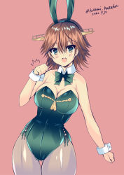 Rule 34 | 1girl, animal ears, bow, bowtie, breasts, brown hair, cleavage, cowboy shot, dated, detached collar, fake animal ears, flipped hair, futami kazuha, green bow, green bowtie, green eyes, green leotard, grey pantyhose, hairband, headgear, hiei (kancolle), kantai collection, large breasts, leotard, looking at viewer, open mouth, orange background, pantyhose, playboy bunny, rabbit ears, round teeth, short hair, simple background, smile, solo, teeth, twitter username, upper teeth only, wrist cuffs