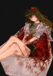 Rule 34 | 1girl, akmisss00, black background, black skirt, blood, bloodbath (project moon), brown hair, carmen (project moon), closed mouth, coat, collared shirt, crossed legs, green shirt, high ponytail, highres, knees up, lab coat, lobotomy corporation, long hair, long sleeves, looking at viewer, project moon, red eyes, self-harm, shirt, simple background, skirt, smile, solo, white coat