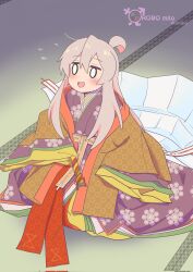 Rule 34 | 1girl, :d, ahoge, artist name, blush, commentary, copyright name, corrupted twitter file, english text, flying sweatdrops, folding fan, genderswap, genderswap (mtf), grey hair, hair between eyes, hand fan, hat, highres, japanese clothes, karaginu mo, kimono, male-female symbol, name connection, o o, onii-chan wa oshimai!, open mouth, oversized clothes, oyama mahiro, pink hair, robomito, sitting, smile, solo, tatami, tokin hat, wide sleeves