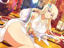 Rule 34 | 1girl, architecture, ass, blonde hair, blush, breasts, cleavage, curtains, east asian architecture, flower, full moon, hair between eyes, hair flower, hair ornament, highres, japanese clothes, kimono, lantern, large breasts, leo (senran kagura), long hair, looking at viewer, moon, night, official alternate costume, official art, oil-paper umbrella, on floor, open mouth, paper lantern, purple eyes, senran kagura, senran kagura new link, senran kagura new wave, sky, sliding doors, smile, solo, star (sky), tatami, thighs, tree, umbrella, yaegashi nan