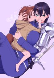 Rule 34 | 1boy, 1girl, age difference, animal ears, armor, artist name, bare legs, barefoot, belt, black hair, blue jacket, blue pants, breasts, brown hair, brown hoodie, brown shorts, child, commentary, covering another&#039;s mouth, earrings, green eyes, hair between eyes, hand on another&#039;s head, hand over another&#039;s mouth, highres, hood, hood down, hoodie, hug, jacket, jewelry, large breasts, long sleeves, looking at viewer, noah (onna kishi to kemonomimi no ko), olivia (onna kishi to kemomimi no ko), one eye closed, onna kishi to kemomimi no ko, original, pants, pauldrons, purple background, sheath, sheathed, shorts, shoulder armor, simple background, size difference, stud earrings, sword, tail, turbo engine (rakugaki tabo), weapon, yellow eyes
