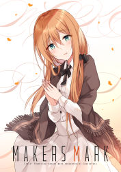 Rule 34 | 1girl, absurdres, beige background, black bow, black scrunchie, blue eyes, blush, bow, brown hair, collared shirt, commentary request, cover, cover page, dress shirt, fringe trim, girls&#039; frontline, gradient background, hair between eyes, hair ornament, hair scrunchie, head tilt, highres, interlocked fingers, kinona, long hair, long sleeves, looking at viewer, own hands together, parted lips, pleated skirt, scrunchie, shirt, skirt, solo, springfield (girls&#039; frontline), very long hair, white background, white shirt, white skirt