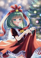 Rule 34 | 1girl, absurdres, arm ribbon, blurry, blurry background, bow, christmas, christmas lights, christmas tree, cowboy shot, dress, frilled bow, frilled dress, frilled ribbon, frilled sleeves, frills, front ponytail, green eyes, green hair, hair bow, hair ribbon, highres, kagiyama hina, lifted by self, looking at viewer, nene man, night, open mouth, puffy short sleeves, puffy sleeves, red bow, red dress, red ribbon, ribbon, short sleeves, smile, solo, star (symbol), touhou