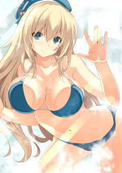 Rule 34 | 10s, 1girl, against glass, atago (kancolle), bikini, blonde hair, blue bikini, blush, breast press, breasts, breasts on glass, collarbone, female focus, gradient background, green eyes, hat, highres, hijiki meshi, kantai collection, large breasts, long hair, looking at viewer, navel, smile, solo, swimsuit