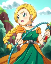 Rule 34 | 1girl, :o, anime coloring, bianca (dq5), blonde hair, blue sky, blush, bracelet, braid, breasts, cape, cloud, collarbone, day, dragon quest, dragon quest v, dress, earrings, green dress, green eyes, highres, holding, holding whip, jewelry, long hair, medium breasts, neck ring, nurutema, open mouth, orange cape, outdoors, single braid, sky, solo, teeth, whip