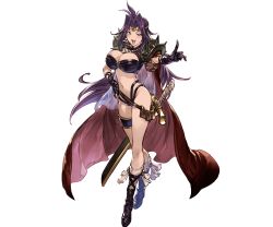 Rule 34 | &gt;:d, 10s, 1girl, :d, ahoge, black footwear, black gloves, blue eyes, blush, boots, breasts, bursting breasts, cape, circlet, cleavage, full body, gloves, granblue fantasy, hair intakes, hand on own hip, index finger raised, jewelry, large breasts, long hair, minaba hideo, naga the serpent, navel, necklace, official art, open mouth, purple hair, revealing clothes, sheath, skull, skull necklace, slayers, smile, solo, spikes, standing, sword, thigh strap, transparent background, v-shaped eyebrows, weapon