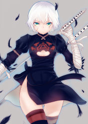 Rule 34 | 1girl, bandages, black dress, cai yuan, cosplay, dress, fate/apocrypha, fate/grand order, fate (series), green eyes, highres, jack the ripper (fate/apocrypha), nier (series), nier:automata, no blindfold, scar, skindentation, sword, thighhighs, weapon, white hair, 2b (nier:automata), 2b (nier:automata) (cosplay)