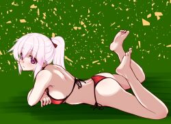 Rule 34 | 1girl, arm support, ass, bikini, breasts, character request, feet, from side, hair ribbon, highres, hirowa nagi, legs, long hair, looking at viewer, lying, medium breasts, on stomach, ponytail, purple eyes, purple hair, red bikini, ribbon, shaded face, sideboob, solo, swimsuit, the pose, thighs
