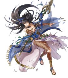 Rule 34 | 1girl, bare shoulders, black eyes, black hair, breasts, cleavage, dress, female focus, fire emblem, fire emblem: the blazing blade, fire emblem heroes, full body, gold trim, hair ornament, highres, holding, holding weapon, karla (fire emblem), kita senri, loincloth, long hair, medium breasts, nintendo, non-web source, official art, pantyhose, polearm, see-through, short sleeves, spear, strapless, strapless dress, toeless footwear, toes, torn clothes, torn pantyhose, transparent background, weapon, wide sleeves