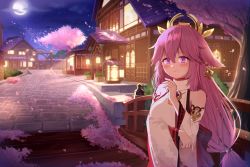 Rule 34 | 1girl, animal ears, architecture, building, cherry blossoms, cloud, cloudy sky, commentary request, crossed arms, detached sleeves, earrings, east asian architecture, fox ears, fox girl, full moon, genshin impact, hair between eyes, hair ornament, highres, japanese clothes, jewelry, lantern, long hair, long sleeves, looking at viewer, lpleader, moon, night, night sky, nontraditional miko, petals, pink hair, purple eyes, ribbon-trimmed sleeves, ribbon trim, scenery, sidelocks, sky, smile, solo, vision (genshin impact), wide sleeves, yae miko