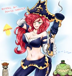 Rule 34 | 10s, 1girl, bound, breasts, cleavage, gangplank (league of legends), gradient background, gun, hat, kantai collection, large breasts, league of legends, long hair, midriff, miss fortune (league of legends), navel, red hair, tahm kench, tied up (nonsexual), top hat, vilde loh hocen, weapon