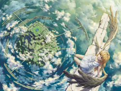 Rule 34 | 1girl, angel wings, artist name, barefoot, bird, blonde hair, blush, cloud, dress, fantasy, feathered wings, foot dangle, from above, graphite (medium), kaitan, landscape, legs together, long hair, looking at viewer, looking up, original, outdoors, red eyes, ruins, scenery, sitting, sleeveless, sleeveless dress, smile, solo, sunlight, traditional media, white dress, wings