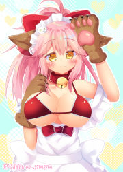 Rule 34 | :3, animal ear fluff, animal ears, animal hands, apron, bell, blush, breasts, cat hair ornament, cat paws, cleavage, collar, collarbone, fate/extra, fate/grand order, fate (series), fox ears, fox girl, gloves, hair ornament, hair ribbon, hiiro yuya, jingle bell, large breasts, long hair, maid headdress, neck bell, paw gloves, pink hair, ponytail, red ribbon, ribbon, solo, tamamo (fate), tamamo cat (fate), tamamo cat (third ascension) (fate), yellow eyes