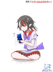 Rule 34 | 1girl, black hair, closed mouth, commentary request, cone horns, crossed arms, crossed legs, dress, full body, game boy advance sp, grey horns, handheld game console, highres, horns, kijin seija, kirby (series), looking at viewer, multicolored hair, nintendo, partially translated, pointy ears, red eyes, red hair, short hair, signature, sitting, solo, streaked hair, touhou, translation request, twitter username, usaka ray, white dress, white hair