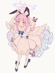 Rule 34 | 1girl, absurdres, airseal, animal ears, arms up, blue archive, blush, bow, bowtie, breasts, bug, butterfly, buttons, capelet, double-breasted, dress, fake animal ears, feathered wings, flower, hair bun, hair flower, hair ornament, hair scrunchie, halo, highres, insect, large breasts, long hair, looking at viewer, low wings, mika (blue archive), open mouth, pantyhose, pink hair, rabbit ears, scrunchie, sidelocks, single side bun, white capelet, white dress, white pantyhose, wings, wrist scrunchie, yellow eyes