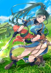 Rule 34 | 1girl, artist name, black gloves, blue sky, boots, breasts, brown footwear, day, earrings, fighting stance, fingerless gloves, fire emblem, fire emblem: the blazing blade, fire emblem heroes, full body, gloves, grass, green eyes, green hair, high ponytail, holding, holding sword, holding weapon, jewelry, kero sweet, large breasts, long hair, lyn (fire emblem), nintendo, open mouth, outdoors, pelvic curtain, ponytail, rope belt, sheath, side slit, signature, sky, solo, sword, very long hair, weapon