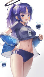 Rule 34 | 1girl, absurdres, bad id, bad pixiv id, blue archive, blush, breasts, buruma, clock, clothes lift, clothes pull, drone, gradient background, gym uniform, halo, highres, jacket, junma art, lifted by self, long hair, looking at viewer, medium breasts, midriff, navel, official alternate costume, open mouth, ponytail, pulled by self, purple eyes, purple hair, solo, squiggle, stomach, sweat, thighs, wet, white background, yuuka (blue archive), yuuka (track) (blue archive)