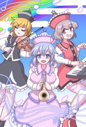 Rule 34 | 3girls, black headwear, blonde hair, blue sky, blush, breasts, brown hair, clear sky, cloud, commentary request, egasumi, closed eyes, feet out of frame, frilled shirt collar, frilled skirt, frills, hair between eyes, happy, hat ornament, highres, instrument, keyboard (instrument), large breasts, long sleeves, looking at viewer, lunasa prismriver, lyrica prismriver, merlin prismriver, multiple girls, musical note, open mouth, pink headwear, purple hair, rainbow, red headwear, siblings, sisters, skirt, sky, smile, star (symbol), star hat ornament, temu, touhou, trumpet, violin, white sleeves