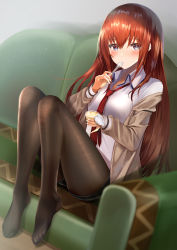 Rule 34 | 1girl, blazer, blue eyes, blush, breasts, collared shirt, couch, eyebrows hidden by hair, food, highres, holding, holding spoon, jacket, leggings, long hair, makise kurisu, medium breasts, necktie, off shoulder, pantyhose, pudding, red necktie, resolution mismatch, shirt, sitting, solo, source larger, spoon, steins;gate, utensil in mouth, yk (pixiv43531291)