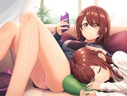 Rule 34 | 2girls, ass, black shirt, brown eyes, brown hair, cellphone, closed mouth, commentary request, couch, hand on another&#039;s head, head on pillow, highres, holding, holding phone, idolmaster, idolmaster shiny colors, indoors, kurageso, medium hair, multiple girls, osaki amana, osaki tenka, panties, pantyshot, phone, pillow, pink panties, plant, potted plant, ribbed sweater, shirt, siblings, sidelocks, sisters, sitting, sleeping, smartphone, smile, sweater, thighs, twins, underwear, white sweater, window