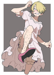 Rule 34 | 1boy, annoyed, blonde hair, bloomers, blue eyes, chibisuke, clenched hands, clenched teeth, commentary request, cropped legs, crossdressing, curly eyebrows, dress, eyeshadow, facial hair, frills, high heels, kicking, leg hair, lipstick, looking down, makeup, male focus, nail polish, one eye covered, one piece, partial commentary, pink dress, purple eyeshadow, red nails, sanji (one piece), short hair, simple background, stubble, sweatdrop, teeth, underwear