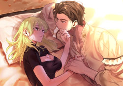 Rule 34 | 1boy, 1girl, beard, bed, black shirt, blue eyes, breasts, brown hair, byleth (female) (fire emblem), byleth (fire emblem), chest hair, claude von riegan, cleavage, cleavage cutout, closed mouth, clothing cutout, commentary, couple, dark skin, day, earrings, eyelashes, face-to-face, facial hair, fire emblem, fire emblem: three houses, green eyes, green hair, hand on another&#039;s chin, hetero, highres, holding hands, indoors, jewelry, large breasts, lips, long hair, lying, nintendo, on side, open clothes, open shirt, pillow, shirt, shiya (mizushibuki), short hair, short sleeves, sideburns, smile, stubble, sunlight, taut clothes, taut shirt, upper body, yellow shirt