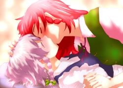 Rule 34 | 2girls, bed, blush, braid, embodiment of scarlet devil, closed eyes, female focus, girl on top, hand on another&#039;s head, holding hands, hong meiling, izayoi sakuya, kiss, long hair, lying, maid, md5 mismatch, multiple girls, on back, red hair, saliva, short hair, silver hair, soubi, tears, touhou, twin braids, yuri