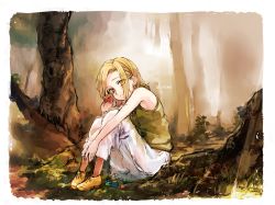 Rule 34 | 1girl, awa (12687414), bad id, bad pixiv id, blonde hair, character name, elaine, eyes visible through hair, forest, full body, green sweater, looking at viewer, nanatsu no taizai, nature, outdoors, pants, short hair, sitting, sketch, solo, sweater, sweater vest, white pants, yellow eyes, yellow footwear