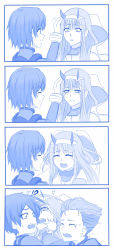 Rule 34 | !?, 10s, 1girl, 2boys, 4koma, :d, absurdres, blue theme, bodysuit, comic, commentary request, crying, darling in the franxx, eye contact, closed eyes, fangs, flying teardrops, hair slicked back, hairband, highres, hiro (darling in the franxx), horns, long hair, looking at another, mitsuru (darling in the franxx), monochrome, multiple boys, open mouth, simple background, smile, tears, viperxtr, white background, wide-eyed, zero two (darling in the franxx)