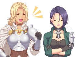 Rule 34 | 2girls, armor, blonde hair, boobplate, breastplate, brown hair, cape, catherine (fire emblem), clenched hand, closed eyes, crossed arms, exasperation, fire emblem, fire emblem: three houses, gloves, ibushi (oath), long hair, multiple girls, nintendo, pauldrons, shamir nevrand, shoulder armor, smile, swept bangs, wavy hair