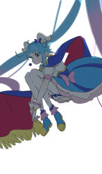Rule 34 | 1girl, 35kawaiiprpr, absurdres, ankle boots, blue cape, blue dress, blue eyes, blue footwear, blue hair, boots, bow, cape, closed mouth, commentary, cure sky, cut bangs, detached sleeves, dress, dress bow, earrings, fingerless gloves, floating, frilled dress, frills, fringe trim, gloves, gradient hair, highres, hirogaru sky! precure, hugging own legs, jewelry, light frown, long hair, looking to the side, magical girl, multicolored hair, pink bow, pink hair, precure, puffy detached sleeves, puffy sleeves, red cape, simple background, single sidelock, sleeveless, sleeveless dress, solo, sora harewataru, thighhighs, twintails, two-sided cape, two-sided fabric, two-tone dress, two-tone hair, very long hair, white background, white dress, white gloves, white thighhighs, wing hair ornament