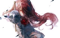 Rule 34 | 1girl, closed mouth, commentary request, grey shirt, hair lift, hair over one eye, holding, holding sword, holding weapon, kirijou mitsuru, long hair, long sleeves, one eye covered, persona, persona 3, pointing, pointing at viewer, pointing sword, rapier, red eyes, red hair, red neckwear, shirt, solo, sword, syokuuuuuuuuumura, upper body, weapon