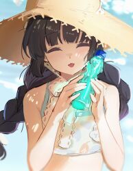 Rule 34 | 1girl, puff of air, bare shoulders, black hair, blue archive, blurry, braid, closed eyes, cloud, commentary request, condensation, facing viewer, flat chest, hat, highres, light blush, long hair, miyu (blue archive), miyu (swimsuit) (blue archive), open mouth, outdoors, ramune, shioda (shioda 5), sky, solo, straw hat, sweat, swimsuit, teardrop, twin braids, very long hair