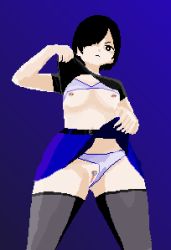 Rule 34 | 1girl, bra, breasts, clitoris piercing, clothes lift, clothing aside, drinkybeery, goth fashion, gradient background, lifted by self, nipple piercing, panties, panties aside, piercing, pixel art, pussy piercing, shirt lift, skirt, skirt lift, thighhighs, underwear, upskirt